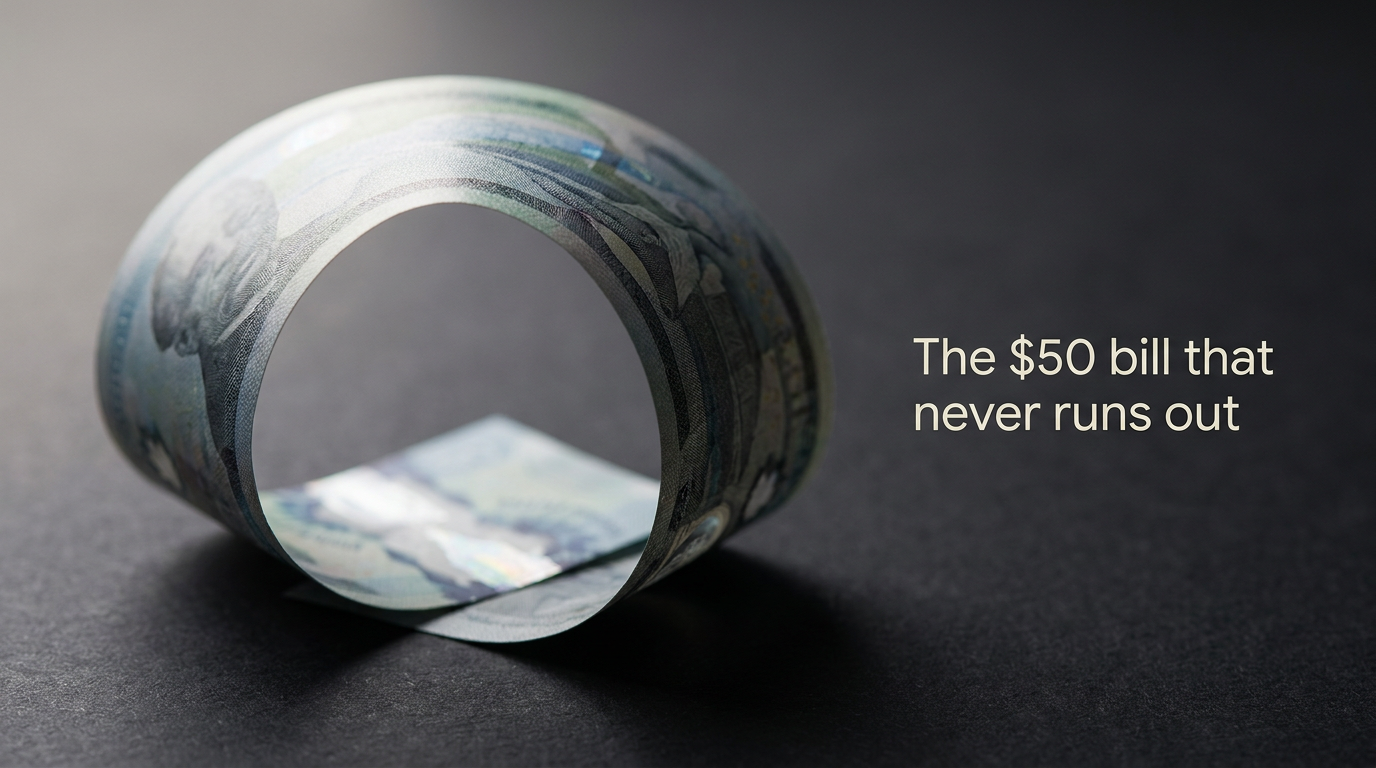 abstract pic of a curled $50 bill with the saying "The $50 bill that never runs out"